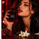 عطر Black Opium Over Red من Yves Saint Laurent تستر 90 مل، قارورة حمراء داكنة بغطاء أسود بجانب علبة تستر بيضاء.