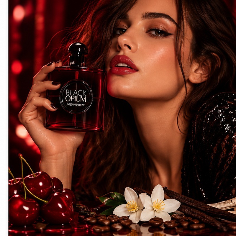 عطر Black Opium Over Red من Yves Saint Laurent تستر 90 مل، قارورة حمراء داكنة بغطاء أسود بجانب علبة تستر بيضاء.