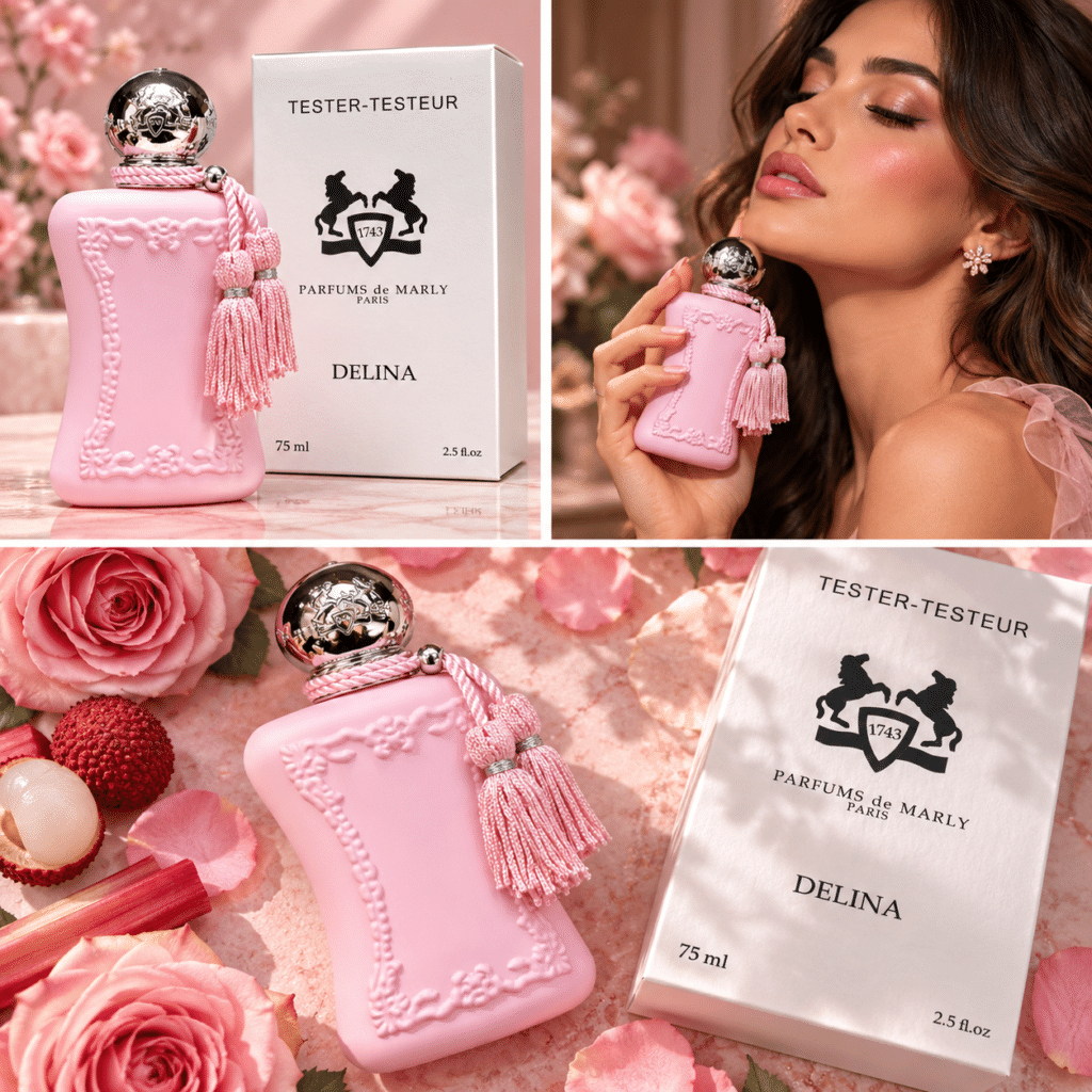 عطر Delina Parfums de Marly تستر 75 مل للنساء، زجاجة وردية فاتحة مع غطاء فضي وعلبة تستر بيضاء.