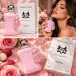 عطر Delina Parfums de Marly تستر 75 مل للنساء، زجاجة وردية فاتحة مع غطاء فضي وعلبة تستر بيضاء.