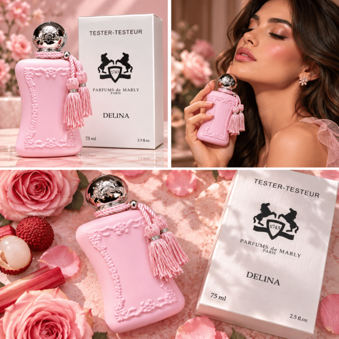 Collage parfum Delina rose poudré عطر Delina Parfums de Marly تستر 75 مل للنساء، زجاجة وردية فاتحة مع غطاء فضي وعلبة تستر بيضاء.
