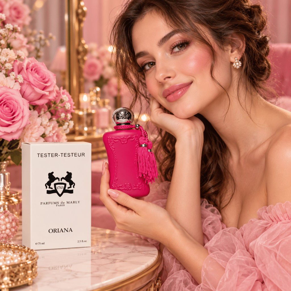 عطر Oriana من Parfums de Marly تستر 75 مل، قارورة وردية فاخرة مع علبة التستر البيضاء.