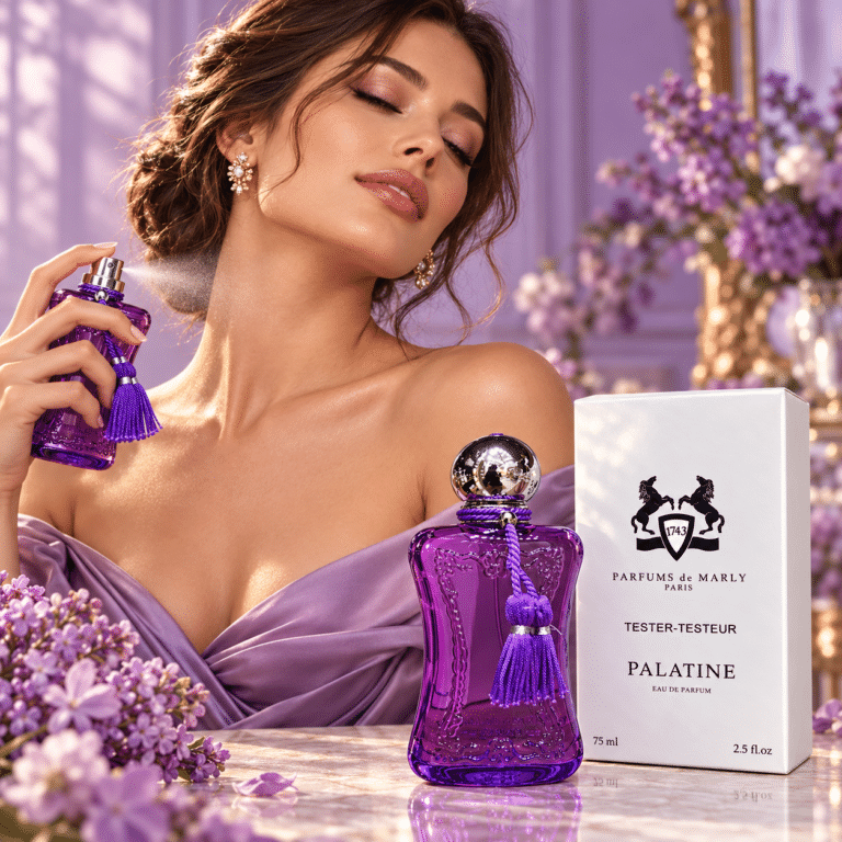 عطر Palatine من Parfums de Marly تستر أصلي 75 مل للنساء، قارورة بنفسجية فاخرة مع علبة التستر، متوفر في المغرب لدى German Beauty.