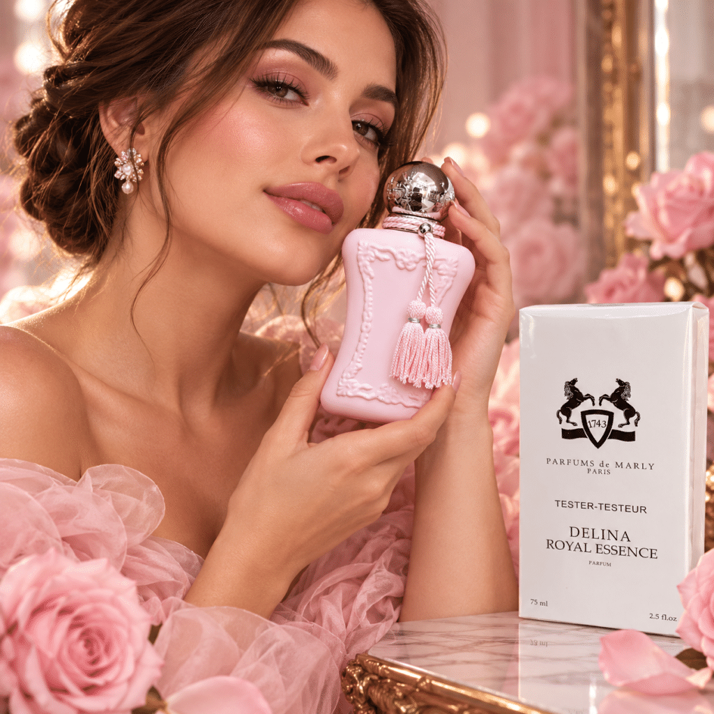 عطر Delina Royal Essence من Parfums de Marly تستر 75 مل، قارورة وردية فاتحة مع شرابات وردية وغطاء فضي بجانب علبة بيضاء.